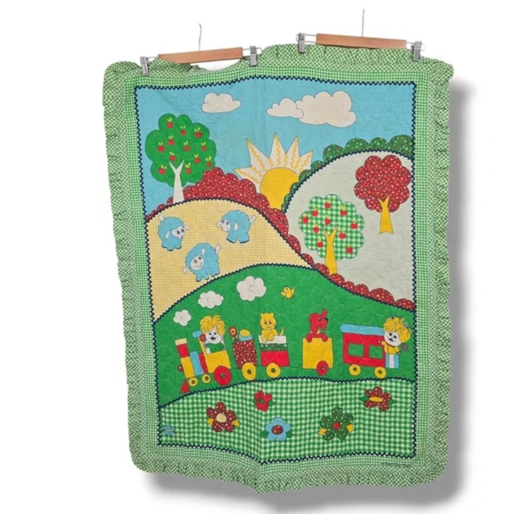 Vintage Thats Our Baby Quilted Nursery Blanket‎ Green Gingham Ruffle Train Sheep